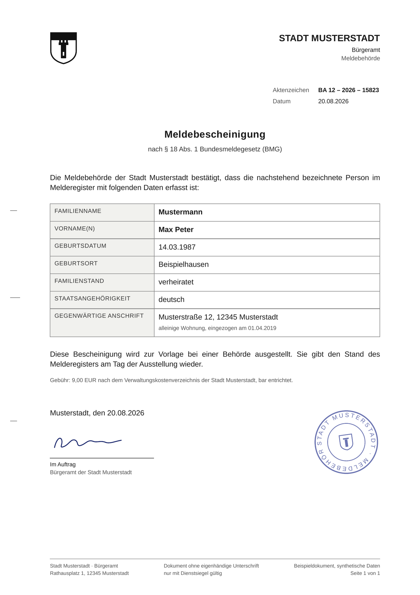 Synthetische Meldebescheinigung der Stadt Musterstadt, Beispieldokument